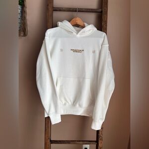 Denim & Flower White Hoodie with Embroidered Text